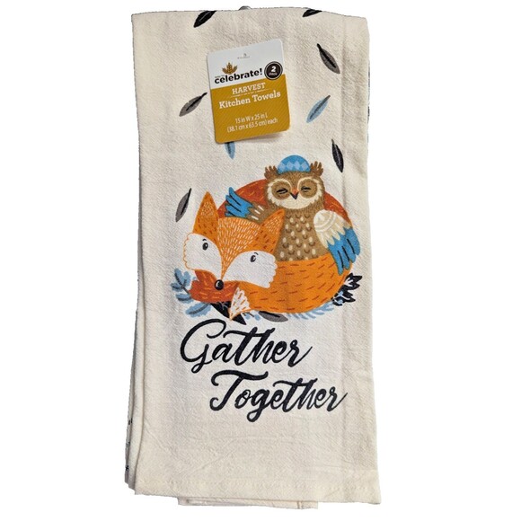 Gather Together Kitchen Towels Owl Fox Fall Holiday Blue White Plaid 2pc Gift - Picture 2 of 5